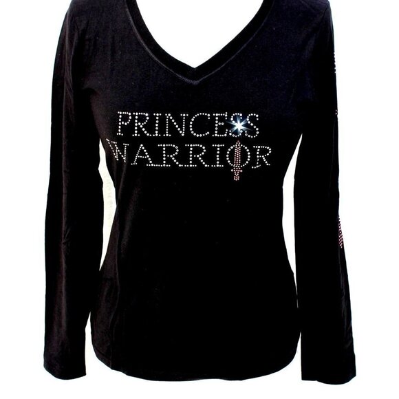 Womens Size Princess Warrior Crystal Bling Long V-Neck Sleeve Top Pink Sword - Picture 8 of 9